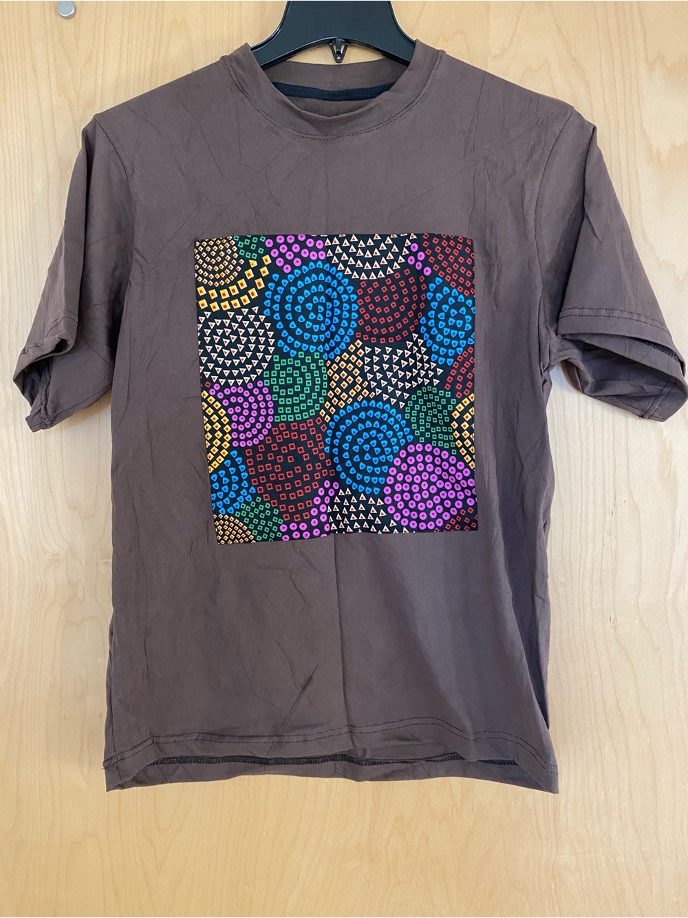 Brown Unisex Graphic Short-Sleeve T-Shirt with Multicolor African print Panel